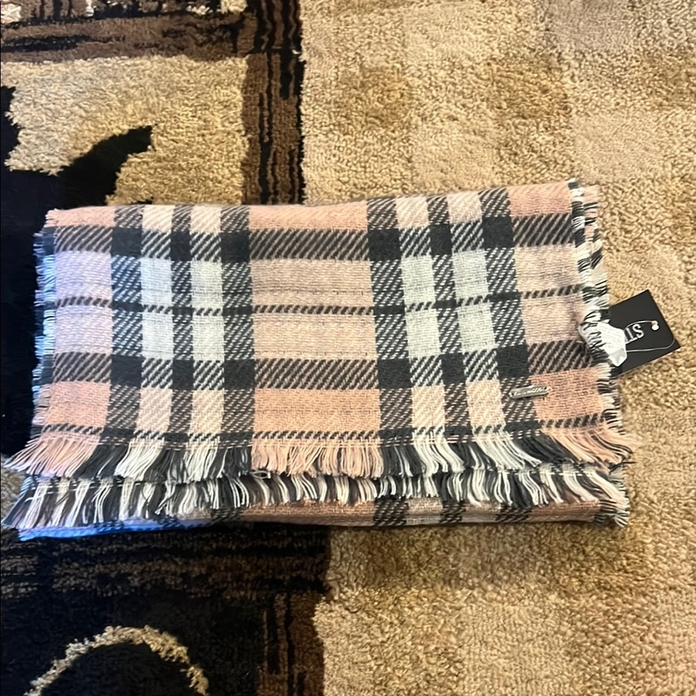 Steve Madden Plaid Fringe Scarf in Pink and Gray